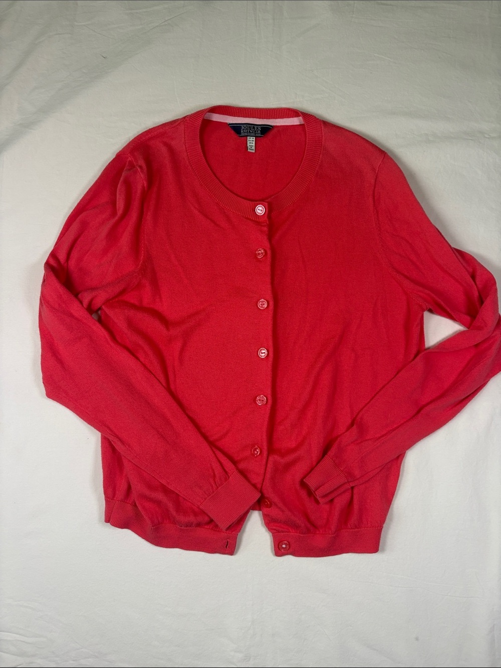 Bright Coral Button-Front Crewneck Cardigan